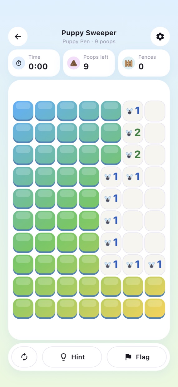 A Puppy Pen board part way through, with fly clues on the open tiles