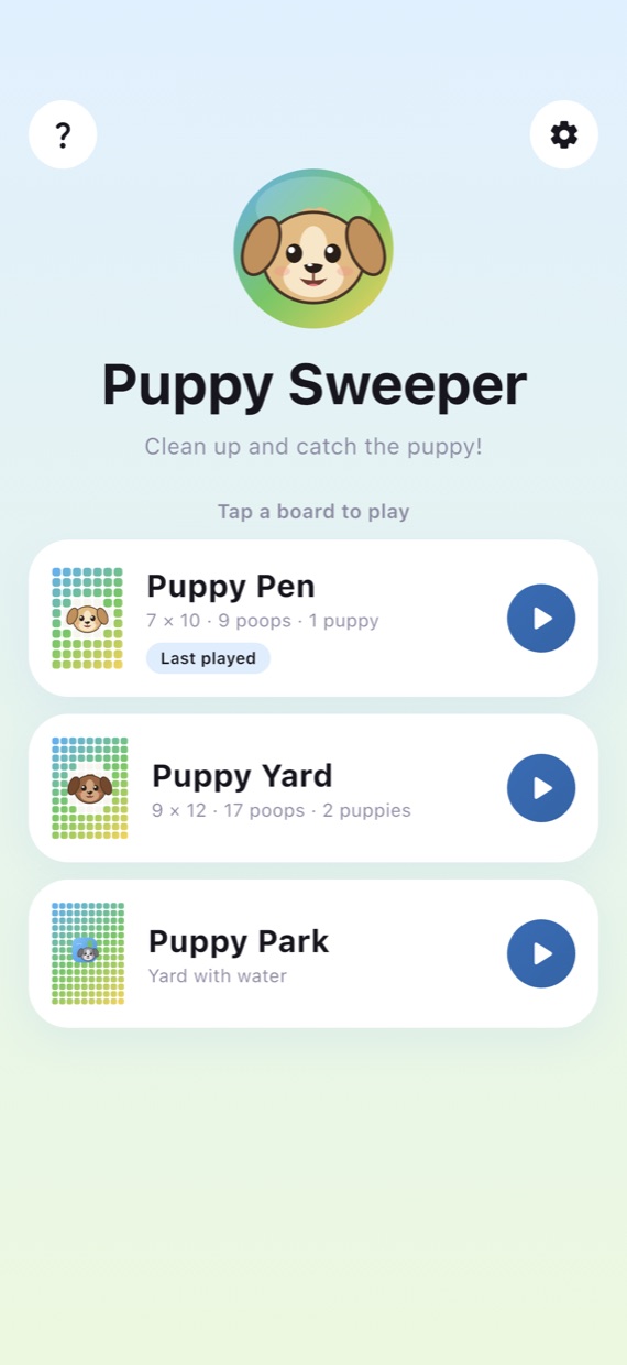 The home screen with the Puppy Pen, Puppy Yard and Puppy Park